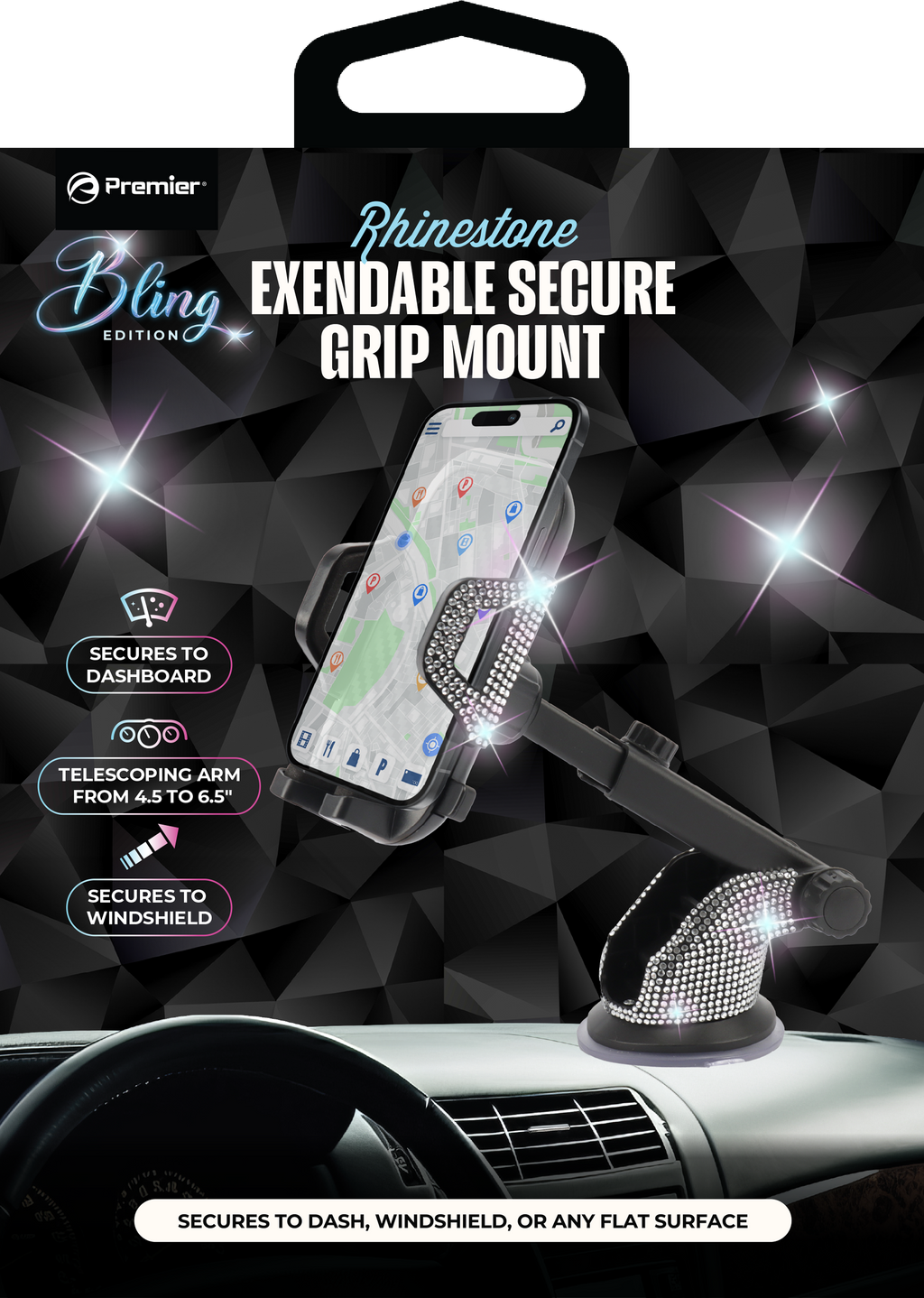 Bling Extendable Car Phone Mount – Silver Crystal Dashboard & Windshield Holder