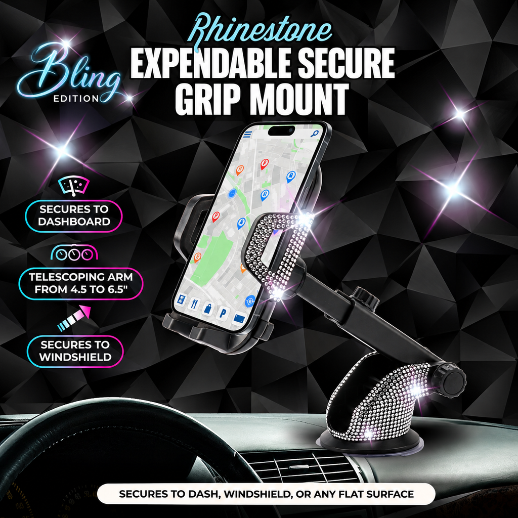 Bling Extendable Car Phone Mount – Silver Crystal Dashboard & Windshield Holder