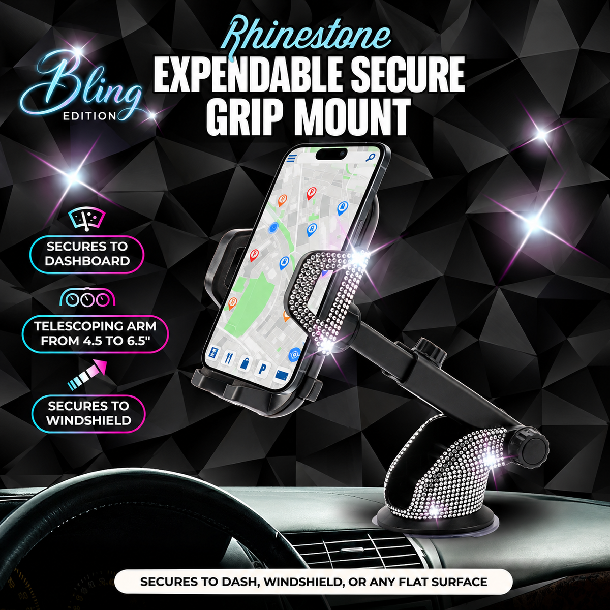 Bling Extendable Car Phone Mount – Silver Crystal Dashboard & Windshield Holder