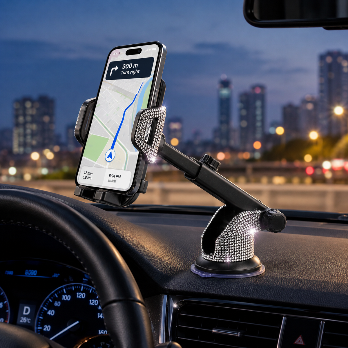 Bling Extendable Car Phone Mount – Silver Crystal Dashboard & Windshield Holder