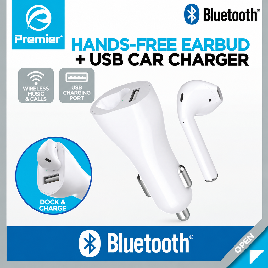Bluetooth Headset with USB Car Charger – 2-in-1 Hands-Free Earpiece for Driving