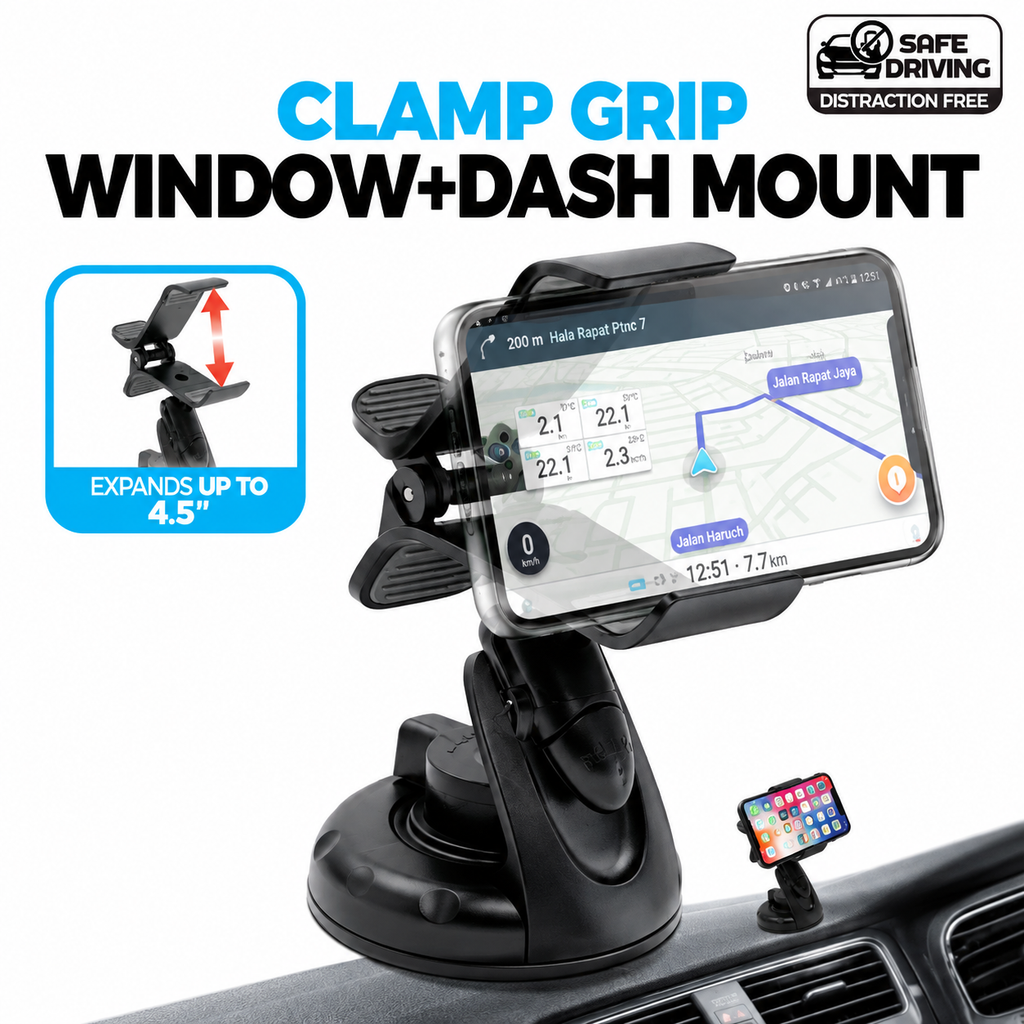 Window & Dash Clamp Car Phone Mount – Secure Suction Holder for GPS Navigation