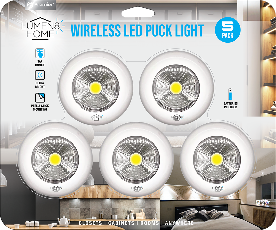 Lumen8 Wireless LED Puck Lights 5-Pack – Battery Powered Stick-On Closet & Cabinet Lights