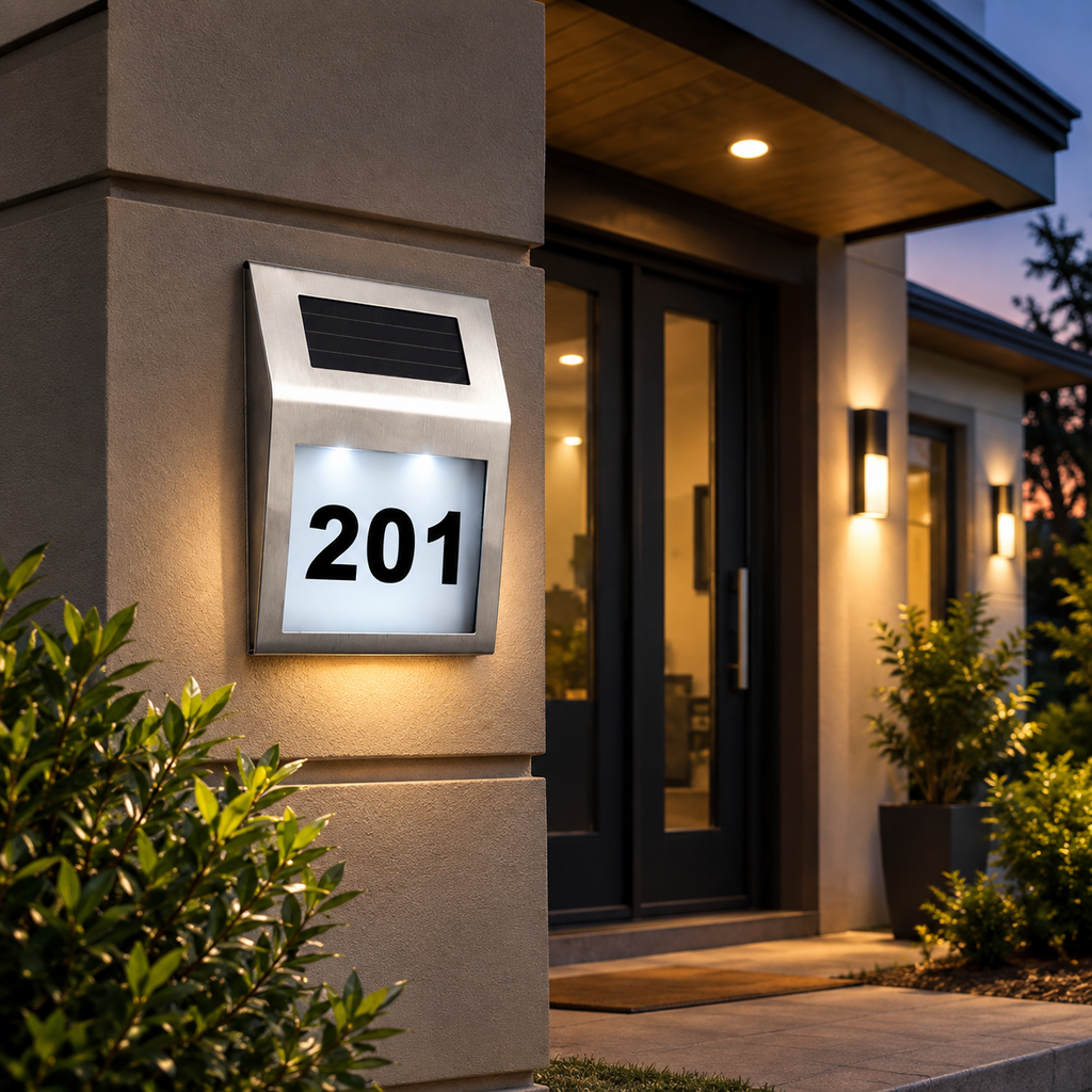 Lumen8 Solar Address Sign – Aluminum LED Illuminated House Number Doorplate