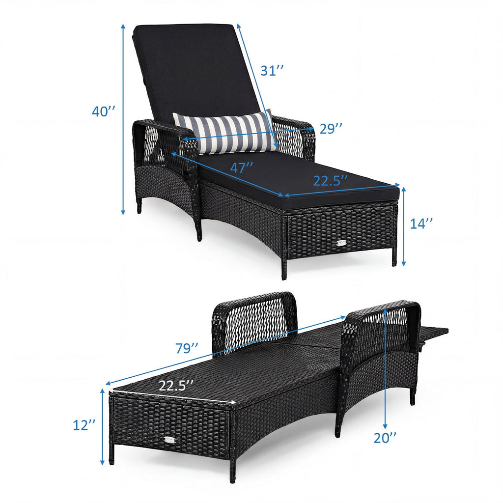 Patio Wicker Chaise Lounge Chair with Pillow and Adjustable Backrest with Cushion-Black
