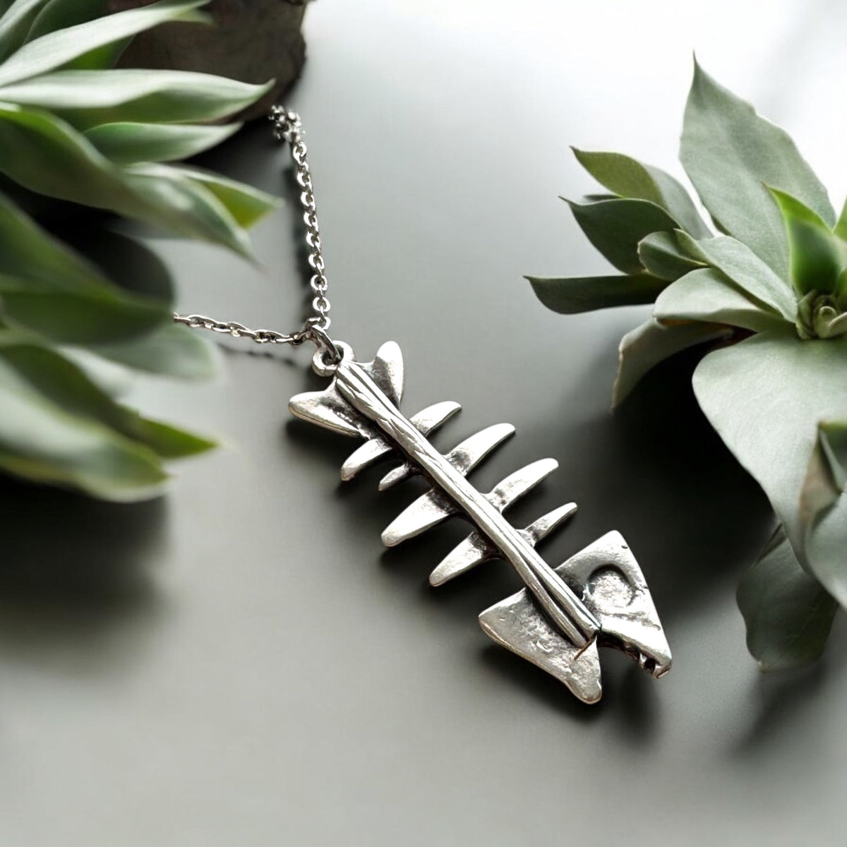 Vintage Fish Bone Necklace Silver Skeleton Pendant Quirky Jewelry