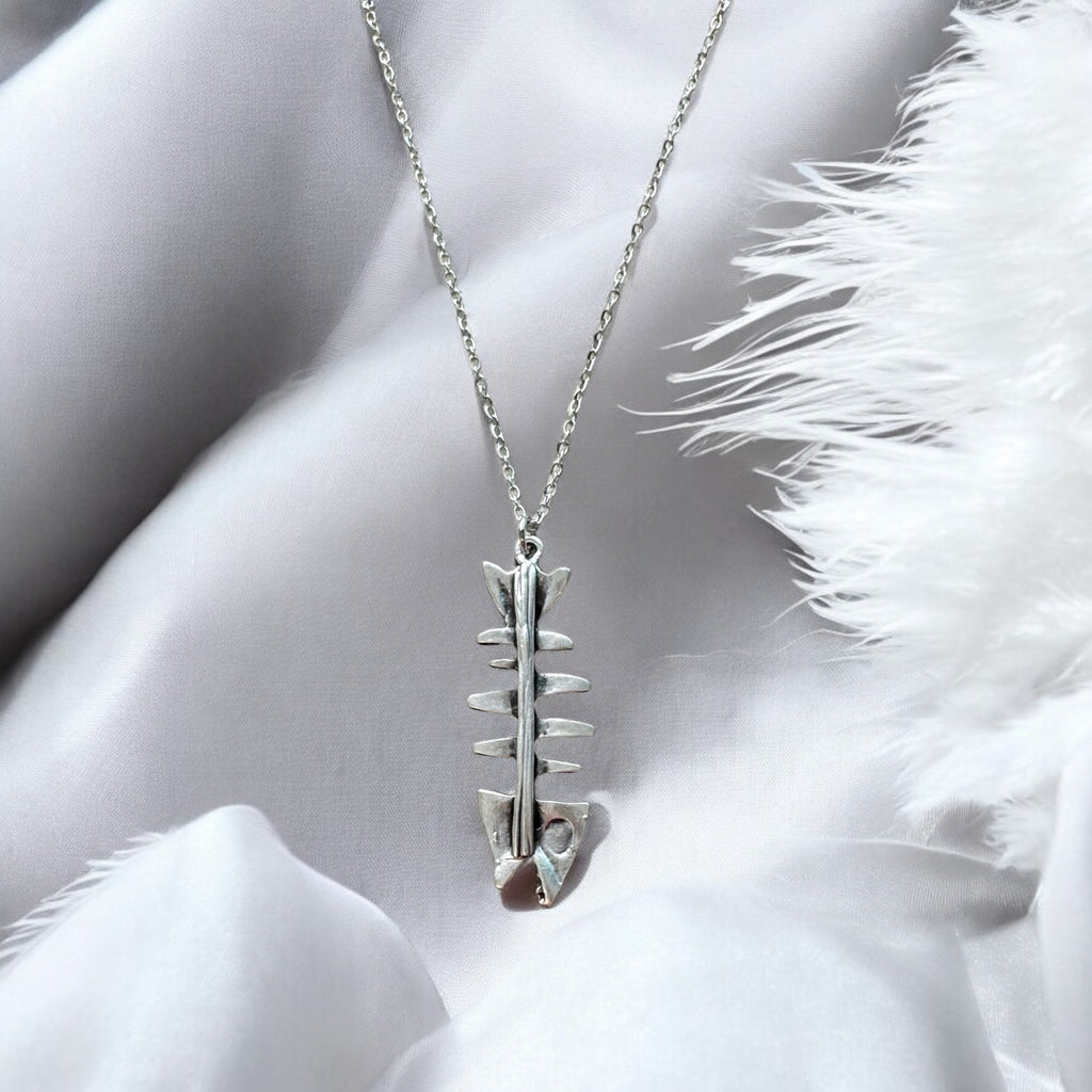 Vintage Fish Bone Necklace Silver Skeleton Pendant Quirky Jewelry
