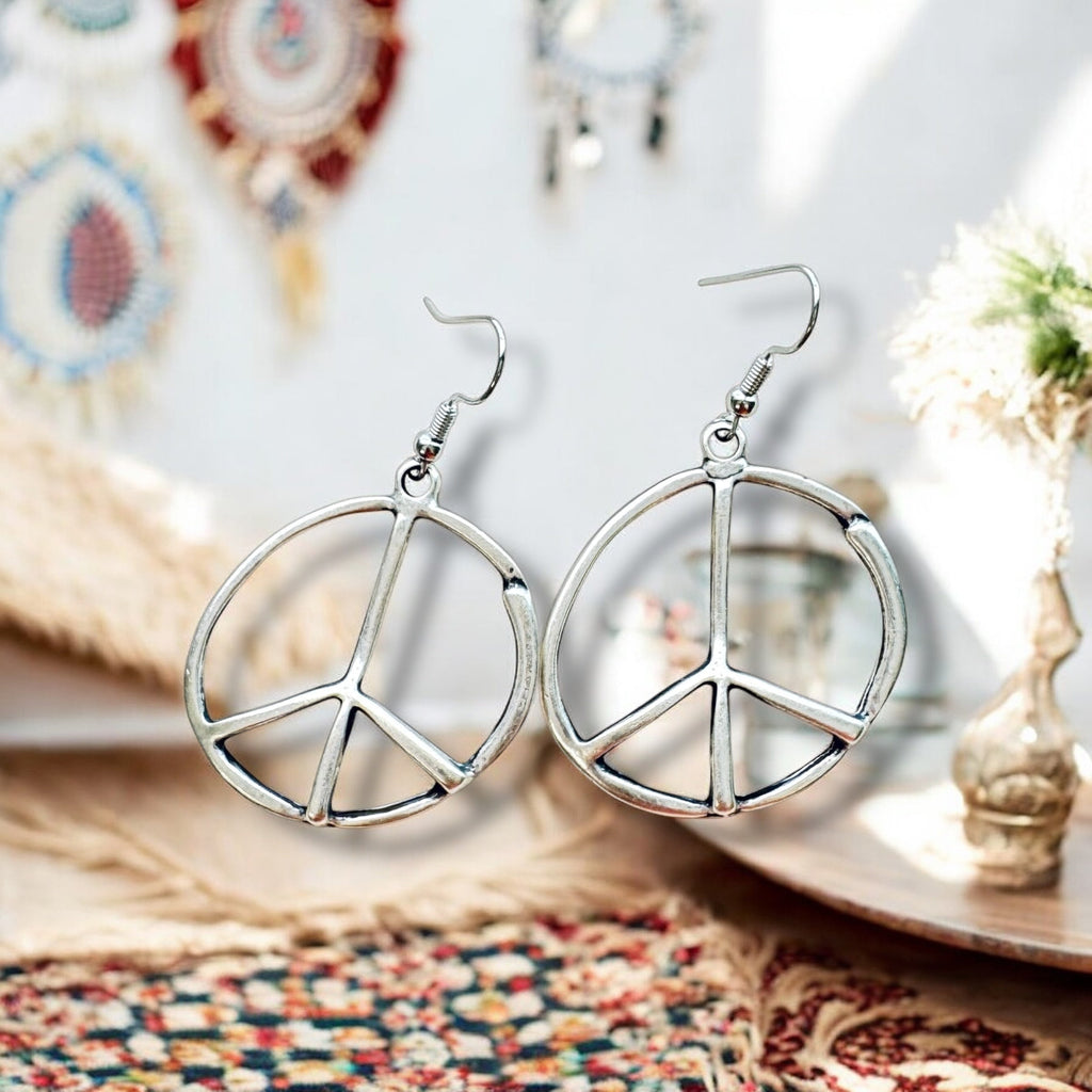 Peace Sign Earrings Boho Hippie Symbol Silver Bronze Dangle Jewelry