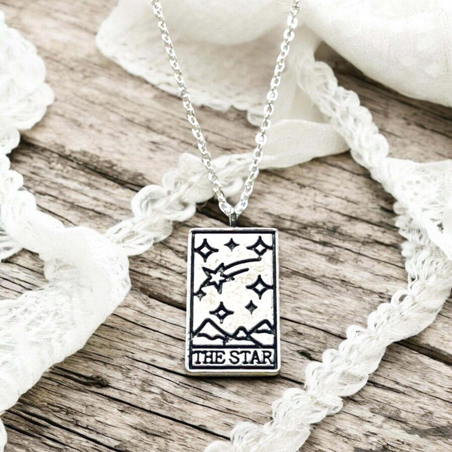 Vintage Tarot Card Necklace Silver Mystic Sun Moon Star Fortune Pendant