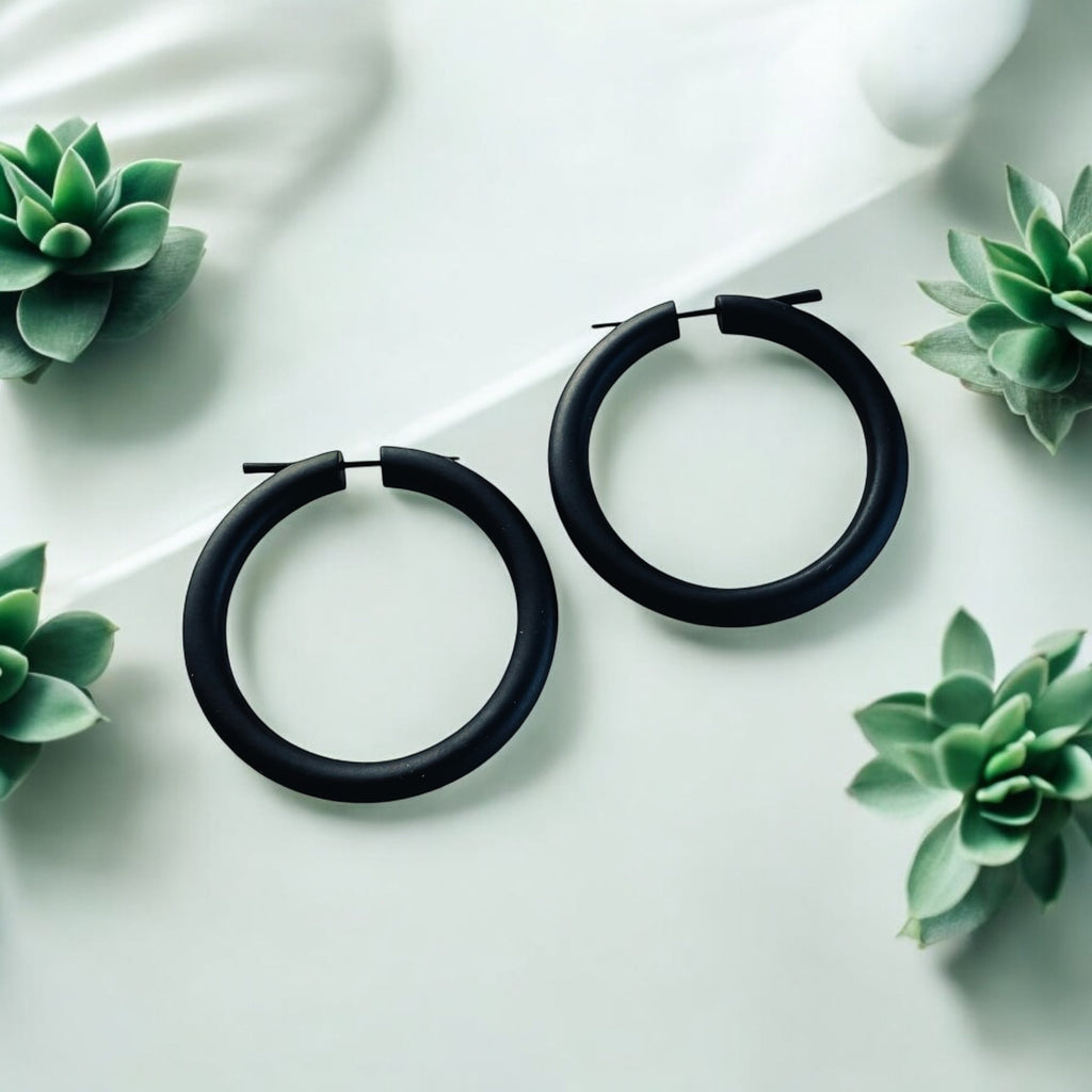 Black Wooden Hoop Earrings Boho Minimalist Lightweight Round Everyday Jewelry