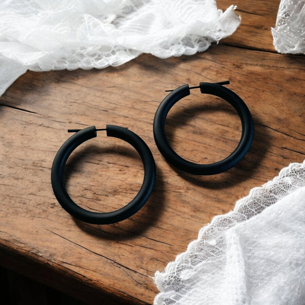 Black Wooden Hoop Earrings Boho Minimalist Lightweight Round Everyday Jewelry