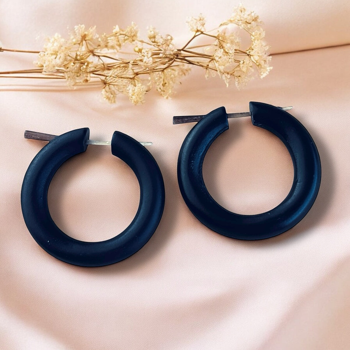 Black Wooden Hoop Earrings Boho Minimalist Lightweight Round Everyday Jewelry