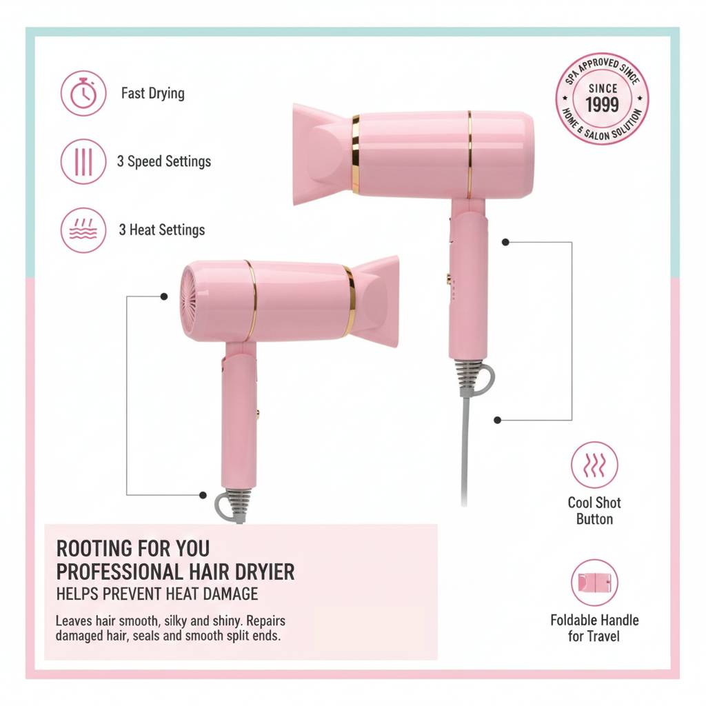 BLISS 1200W Professional Hair Dryer with Concentrator Nozzle – Lightweight Styling Dryer (Blue, Pink)