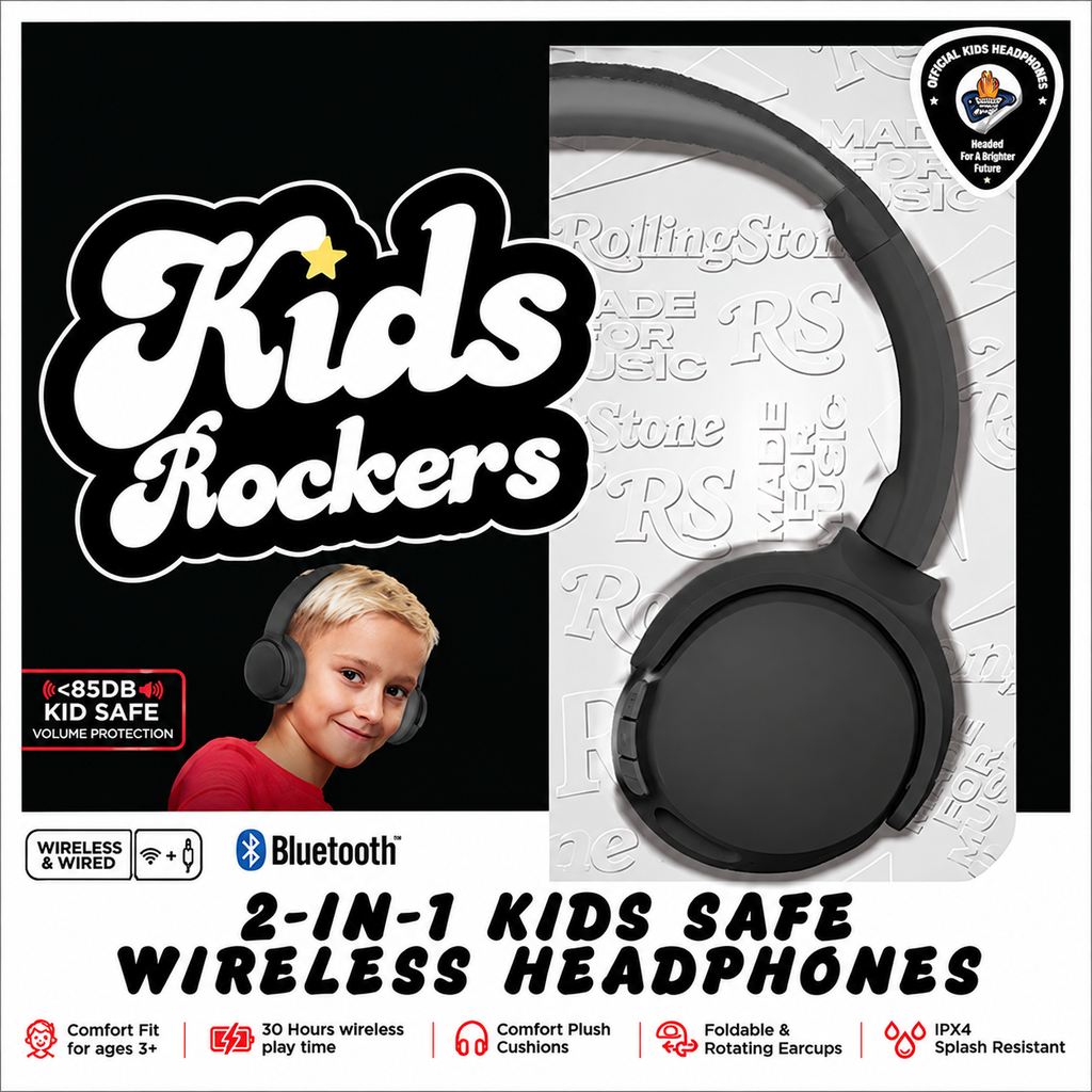 Rolling Stone Kids Rockers Bluetooth Headphones – Volume Limited Wireless Kids Headset, Black