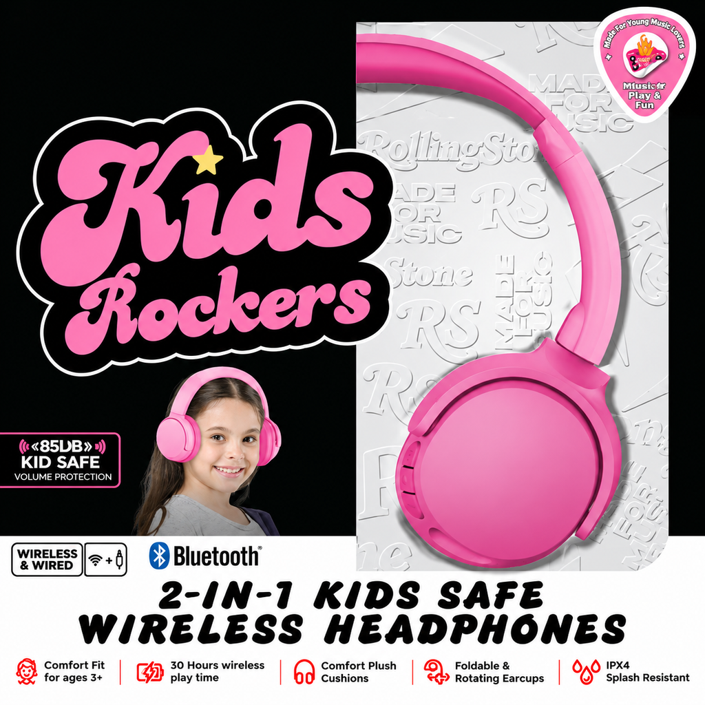 Rolling Stone Kids Rockers Bluetooth Headphones – Volume Limited Wireless Kids Headset, Pink