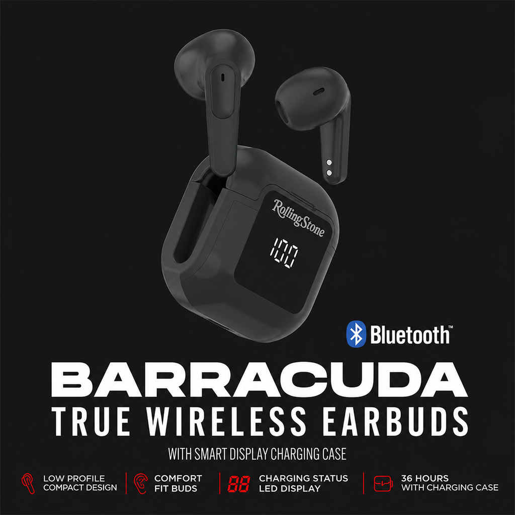 Rolling Stone Barracuda Pro True Wireless Earbuds – Bluetooth Earbuds with LED Case, Black