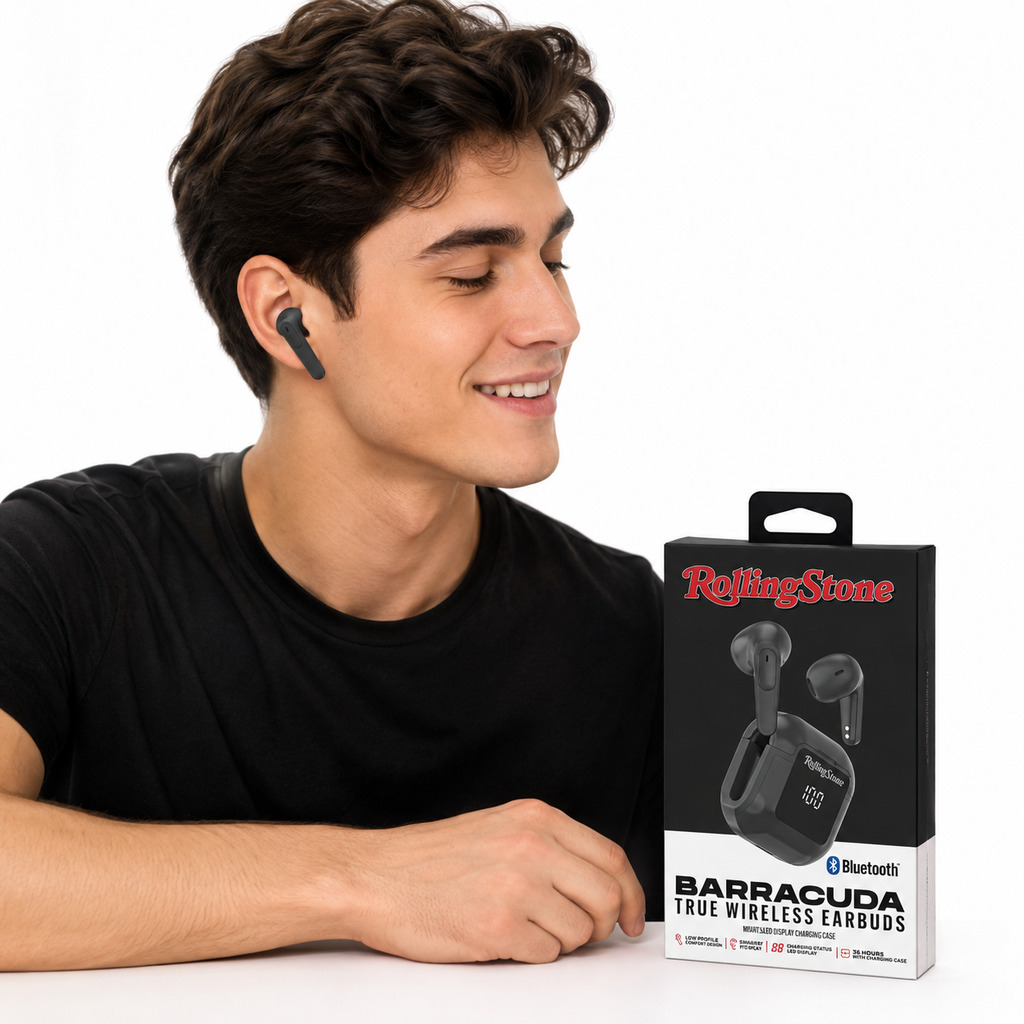 Rolling Stone Barracuda Pro True Wireless Earbuds – Bluetooth Earbuds with LED Case, Black
