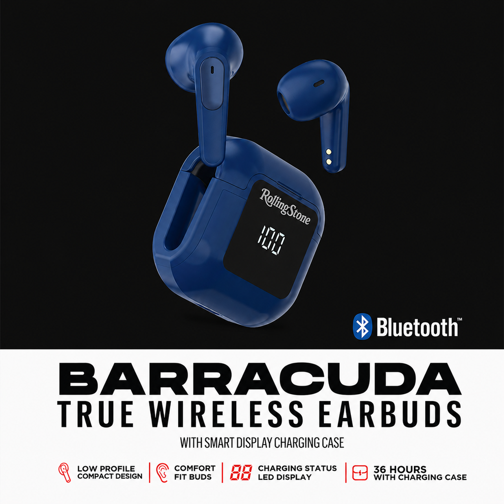 Rolling Stone Barracuda Pro True Wireless Earbuds – Bluetooth Earbuds with LED Case, Blue