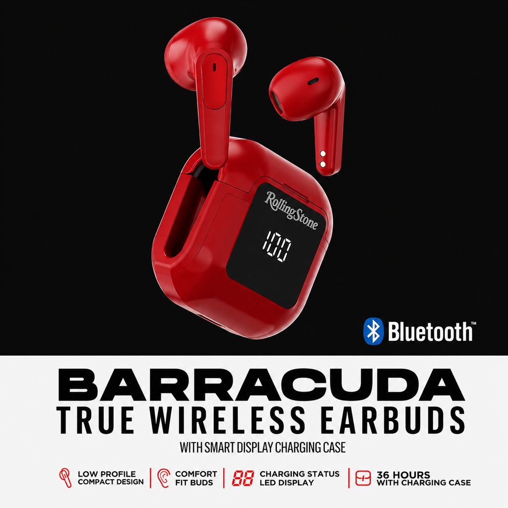 Rolling Stone Barracuda Pro True Wireless Earbuds – Bluetooth Earbuds with LED Case, Red