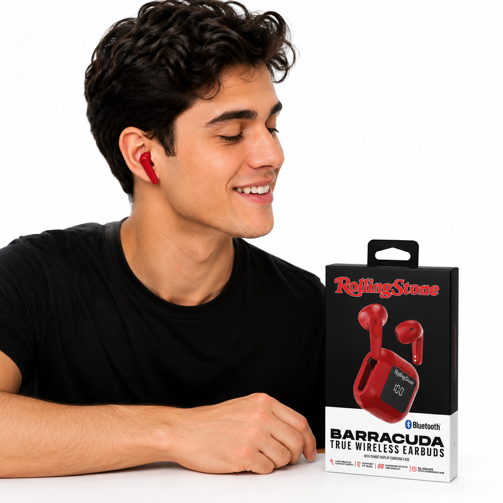 Rolling Stone Barracuda Pro True Wireless Earbuds – Bluetooth Earbuds with LED Case, Red