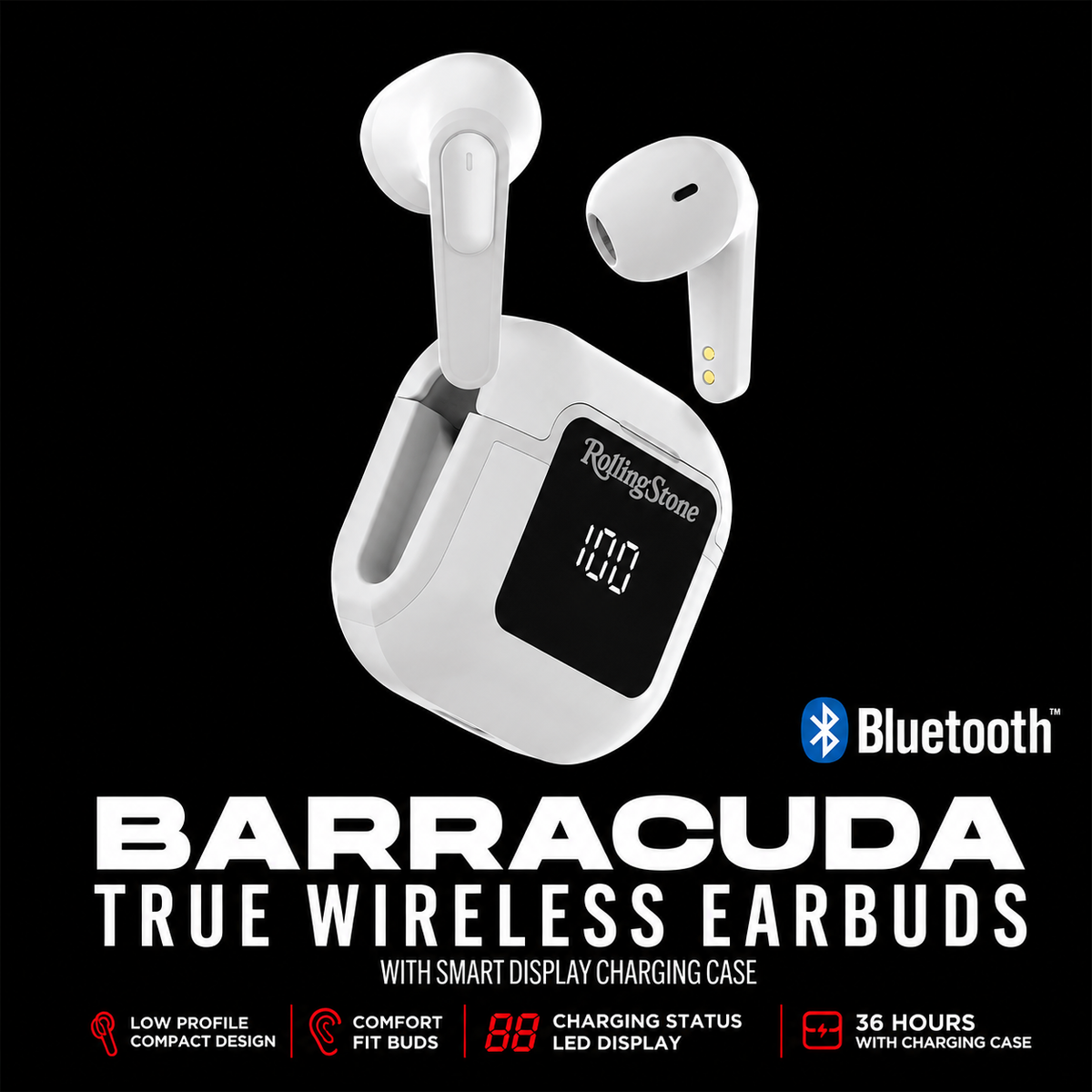 Rolling Stone Barracuda Pro True Wireless Earbuds – Bluetooth Earbuds with LED Case, White
