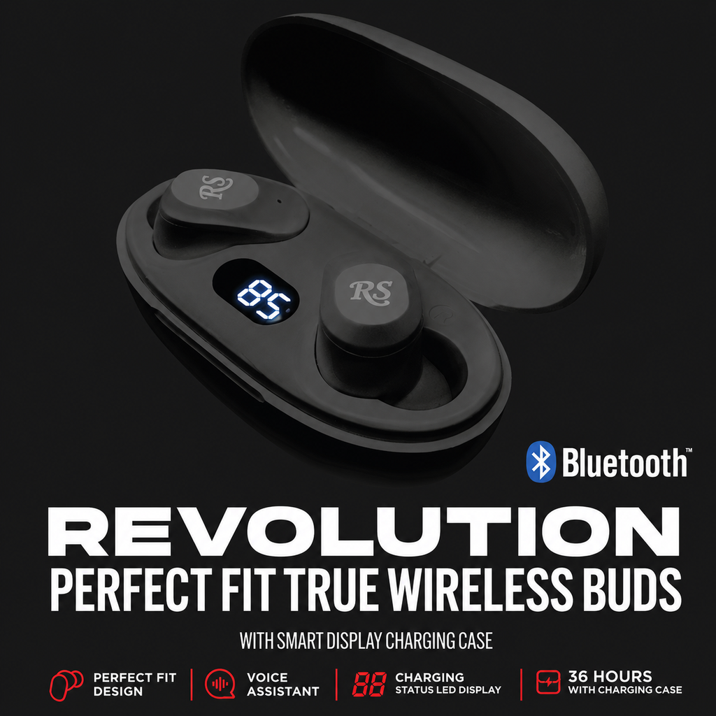 Rolling Stone Revolution True Wireless Button Earbuds – 36-Hour LED Display Charging Case