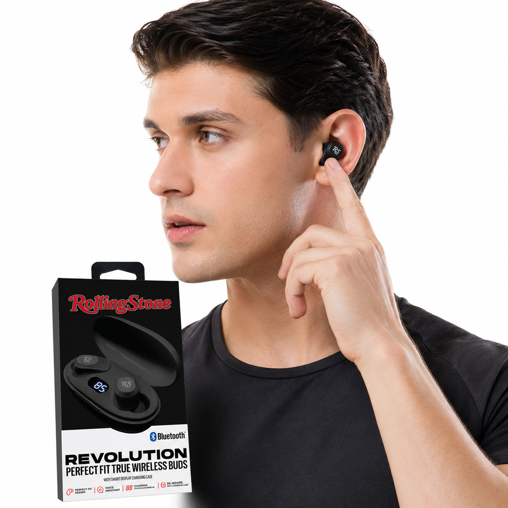 Rolling Stone Revolution True Wireless Button Earbuds – 36-Hour LED Display Charging Case