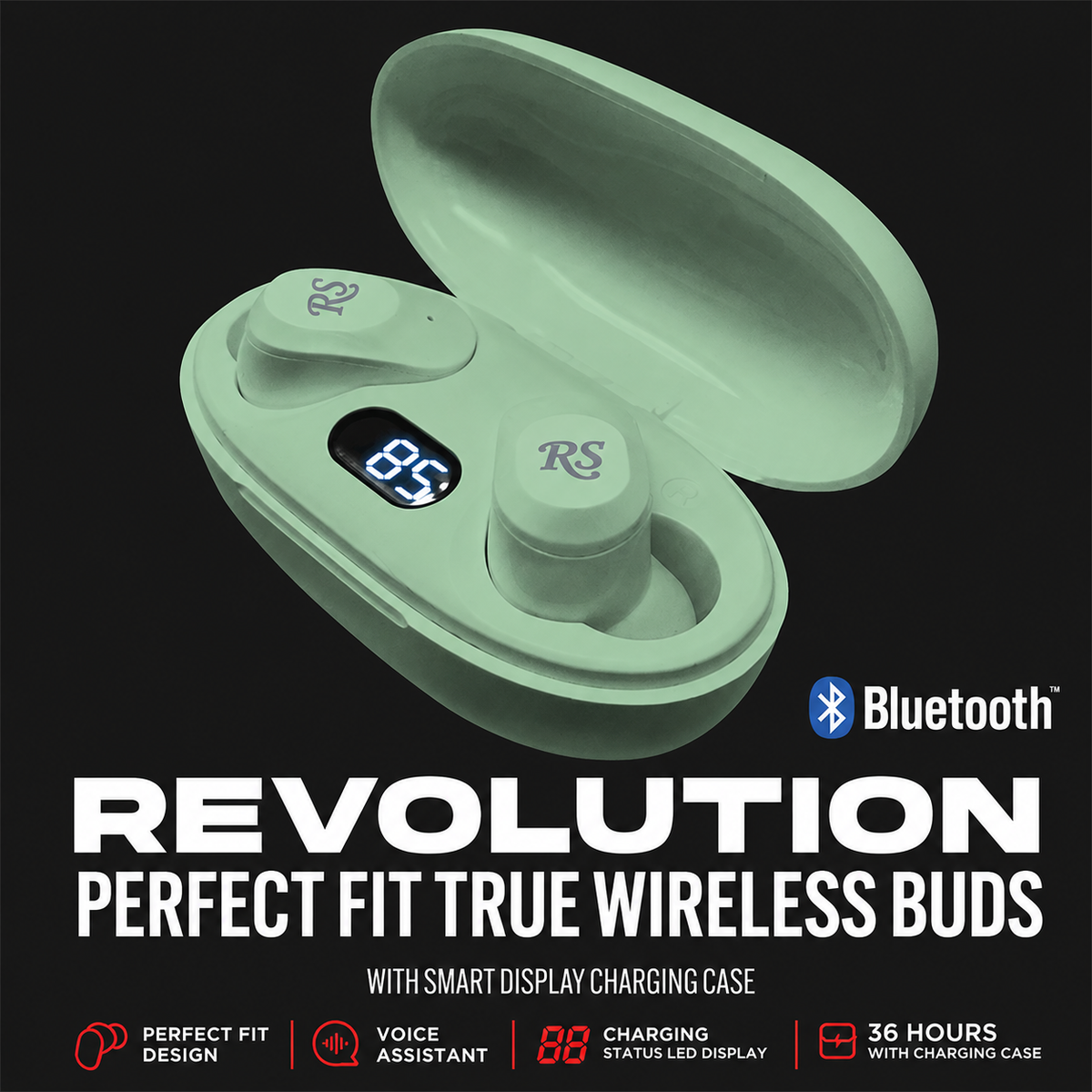 Rolling Stone Revolution True Wireless Button Earbuds – 36-Hour LED Display Charging Case