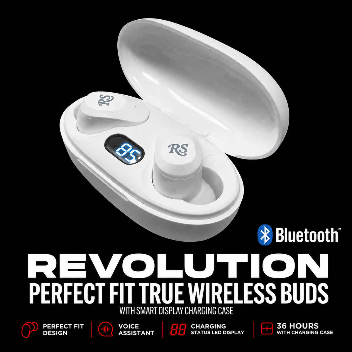 Rolling Stone Revolution True Wireless Button Earbuds – 36-Hour LED Display Charging Case