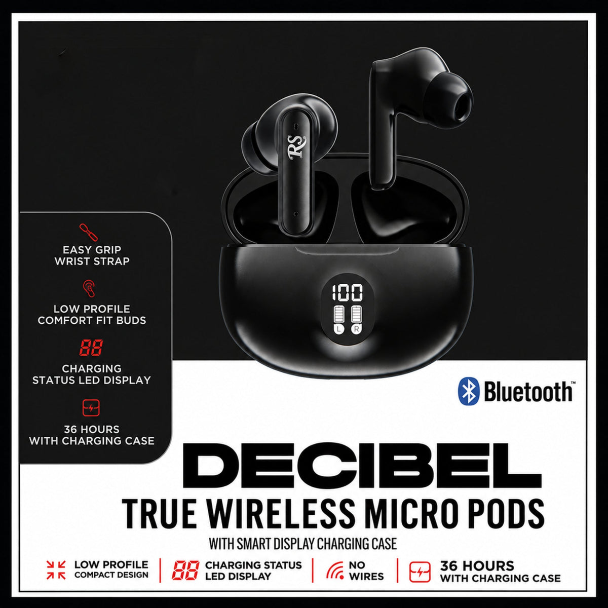 Rolling Stone Decibel Micro Pods – Compact True Wireless Bluetooth Earbuds with Charging Case