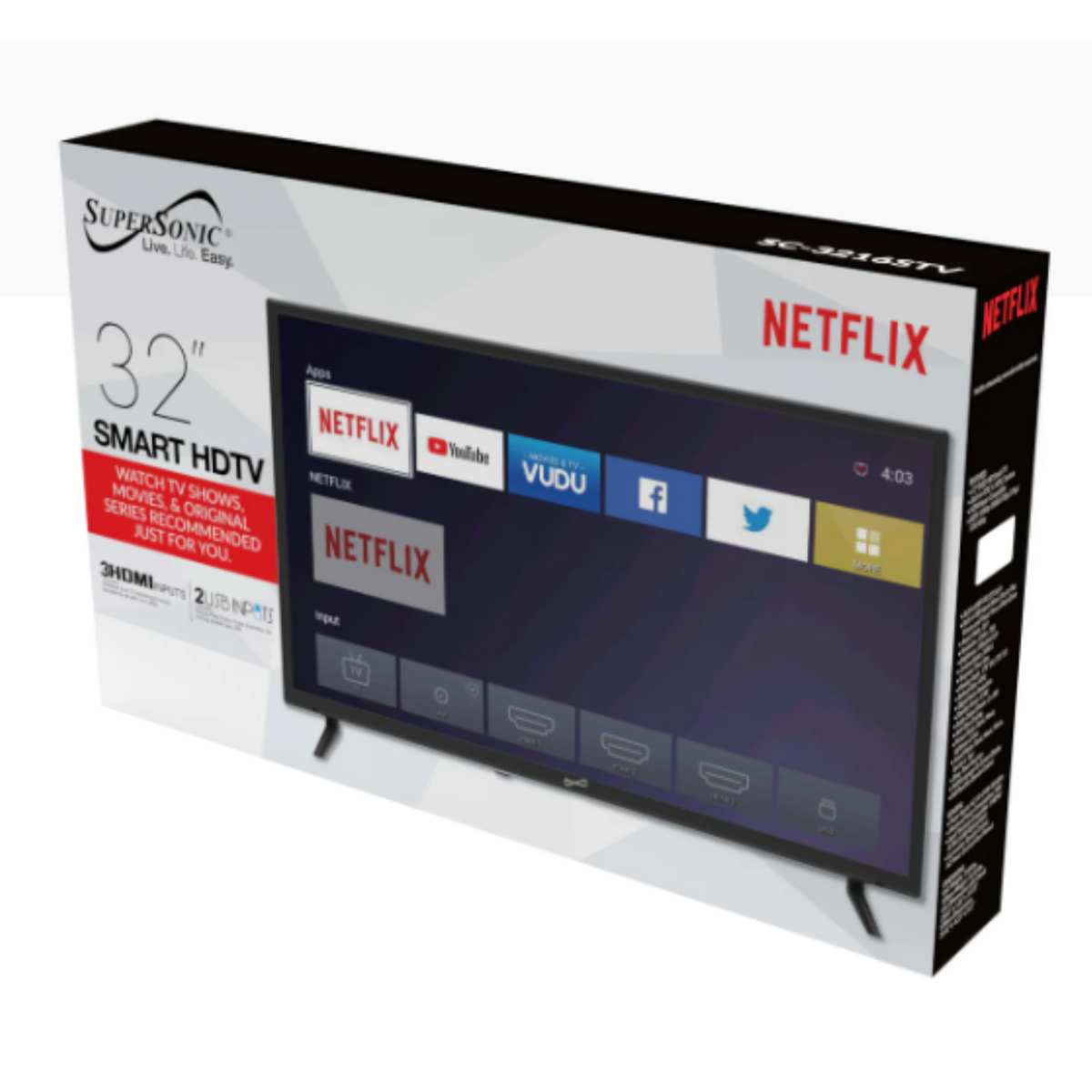 Supersonic 32" Smart HDTV 1080p Widescreen LED TV with USB & HDMI Inputs (SC-3216STV)
