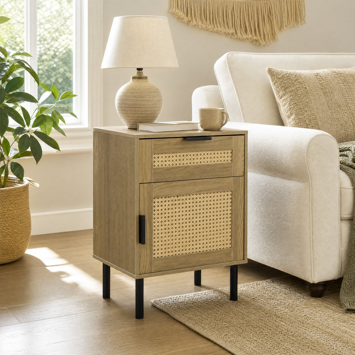 Rattan Nightstand with Drawer and Storage Cabinet