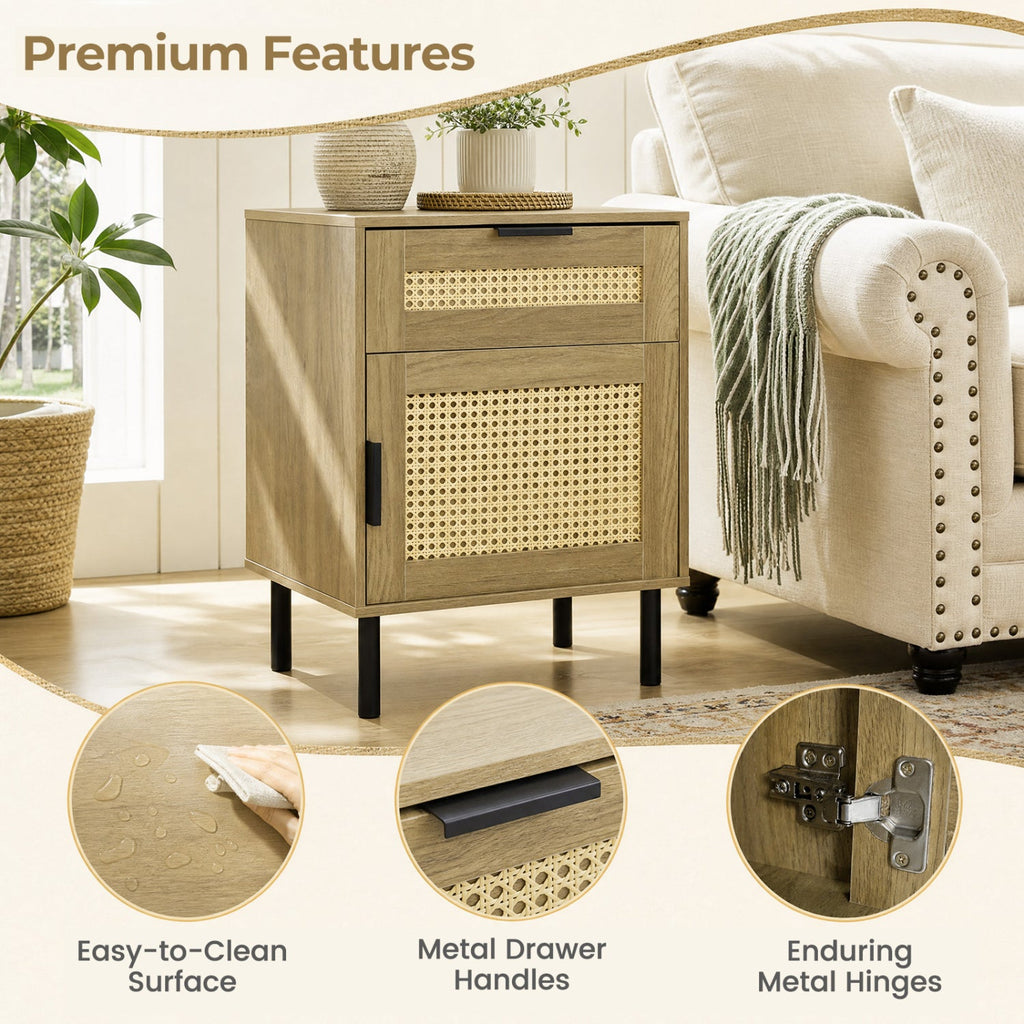 Rattan Nightstand with Drawer and Storage Cabinet