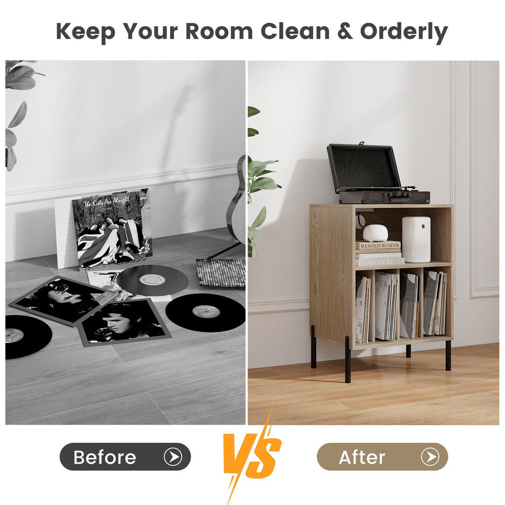 Record Player Stand with Record Storage Shelf and Charging Station