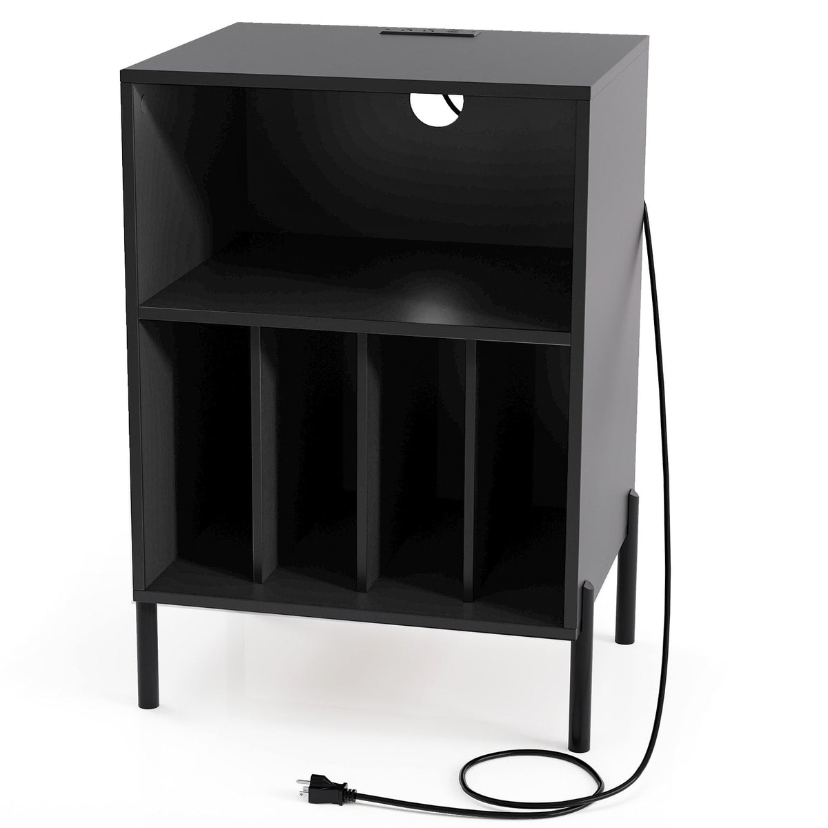 Record Player Stand with Record Storage Shelf and Charging Station
