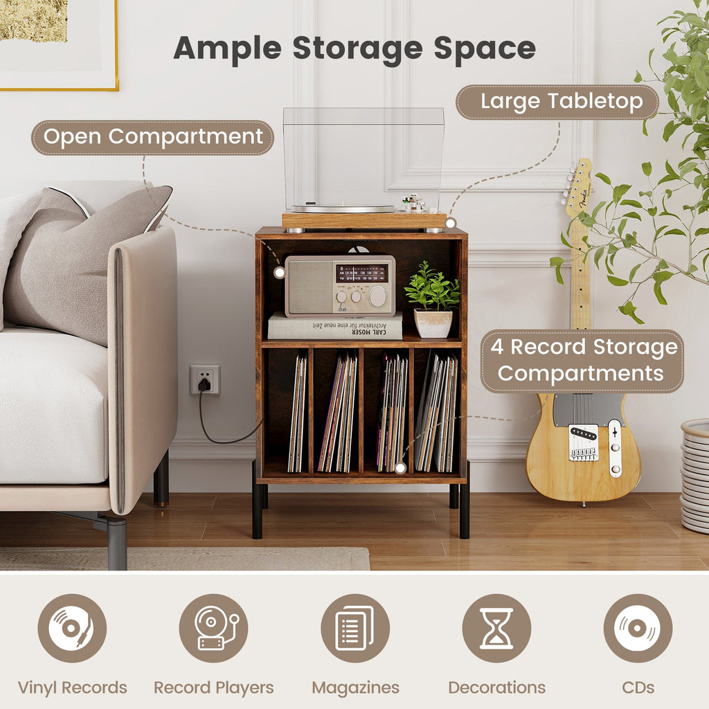 Record Player Stand with Record Storage Shelf and Charging Station
