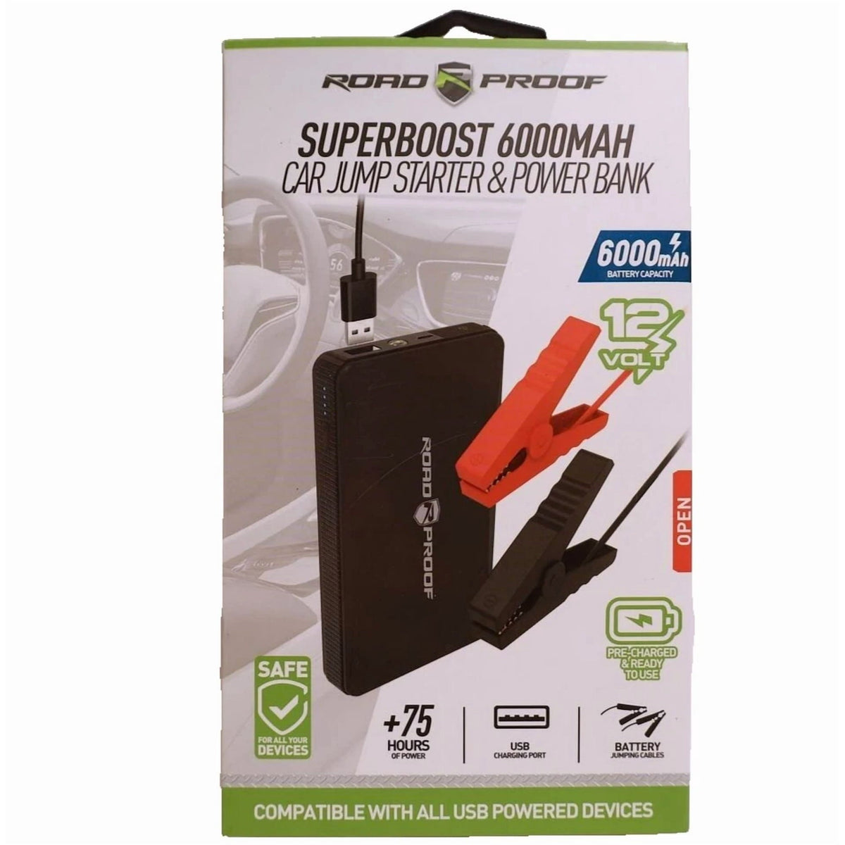 6,000mAh Portable Jumpstarter w/USB Battery Charger
