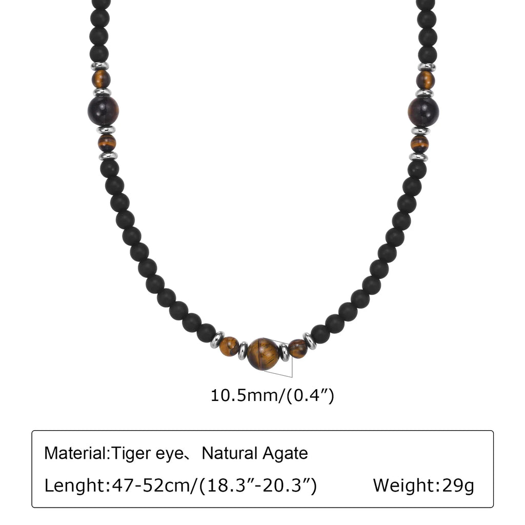Casual Black Brown Beaded Necklace for Men | Summer Beach Tiger Eye Stone Jewelry