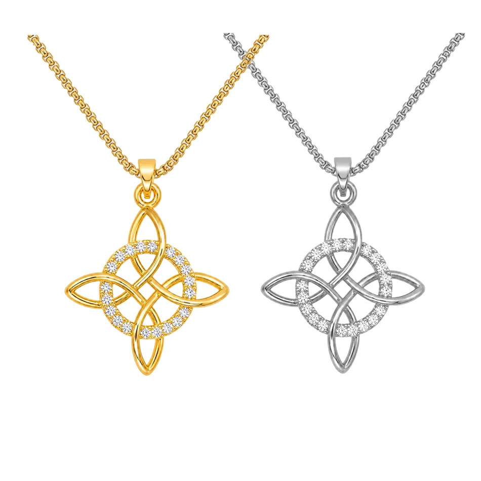 Witch Knot Pendant Necklace Stainless Steel Chain CZ Celtic 4 Elements Protection Amulet Retro Wiccan Gothic Women Men Jewelry