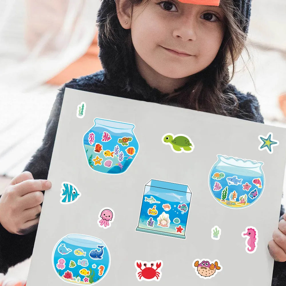 8 Pieces Fish Tank Scene Puzzle Stickers | Kids Cartoon DIY Decals for Craft and Games
