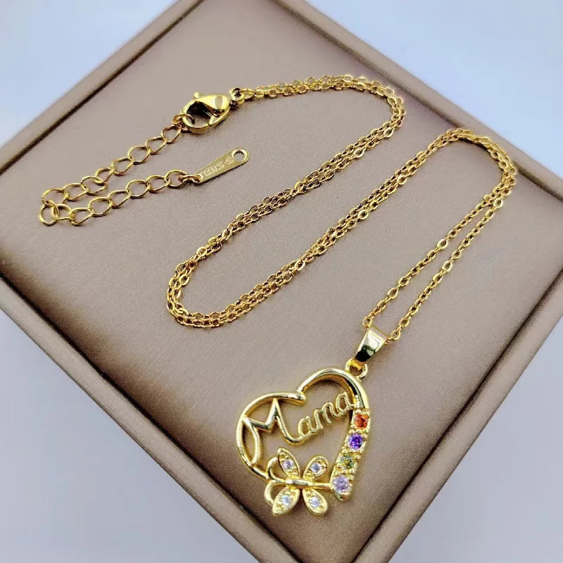 Crystal Heart Mama Necklace | Stainless Steel Pendant Jewelry for Mom