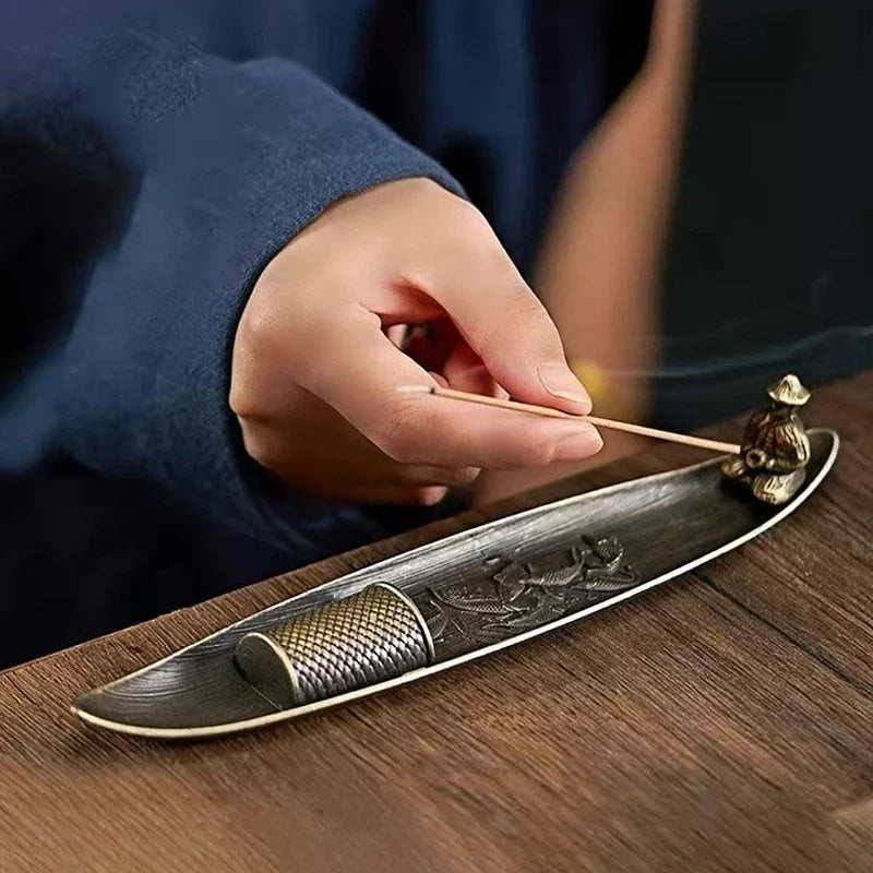 Fishing Old Man Incense Burner | Decorative Metal Boat Incense Holder