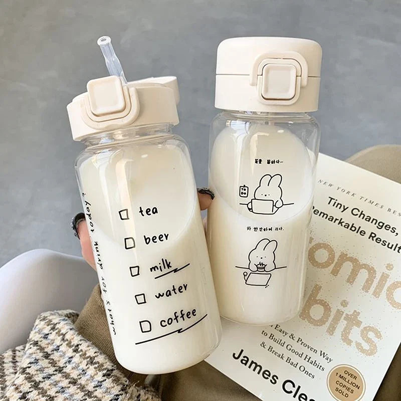 Cartoon Water Bottle With Straw | Cute Plastic Drinking Bottle for Milk, Coffee, and Tea