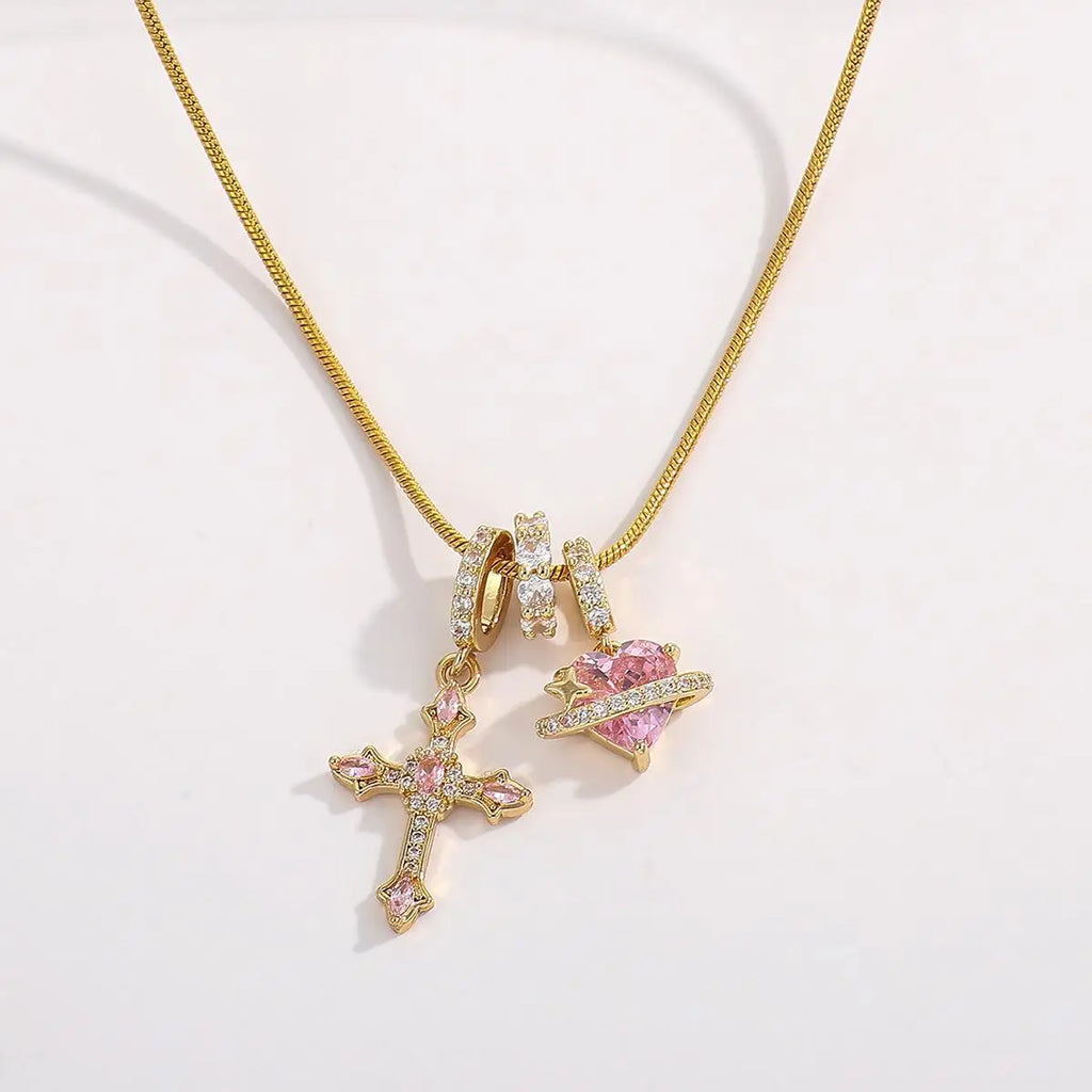 Heart Cross Pendant Necklace for Women Stainless Steel Necklace 14K Gold Plated Snake Chain Necklace with Pink Zircon Heart & Cross Charms, Hypoallergenic Dainty Layering Pendant Necklace Jewelry Gift for Women Girls Valentin