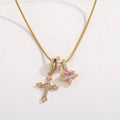 Heart Cross Pendant Necklace for Women Stainless Steel Necklace 14K Gold Plated Snake Chain Necklace with Pink Zircon Heart & Cross Charms, Hypoallergenic Dainty Layering Pendant Necklace Jewelry Gift for Women Girls Valentin