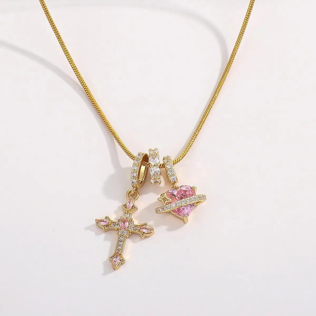 Heart Cross Pendant Necklace for Women Stainless Steel Necklace 14K Gold Plated Snake Chain Necklace with Pink Zircon Heart & Cross Charms, Hypoallergenic Dainty Layering Pendant Necklace Jewelry Gift for Women Girls Valentin
