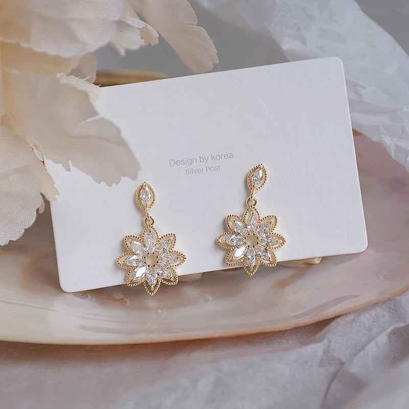 14K Real Gold Dainty Korean Flower Earrings for Women | Bling AAA Zirconia Stud Earrings