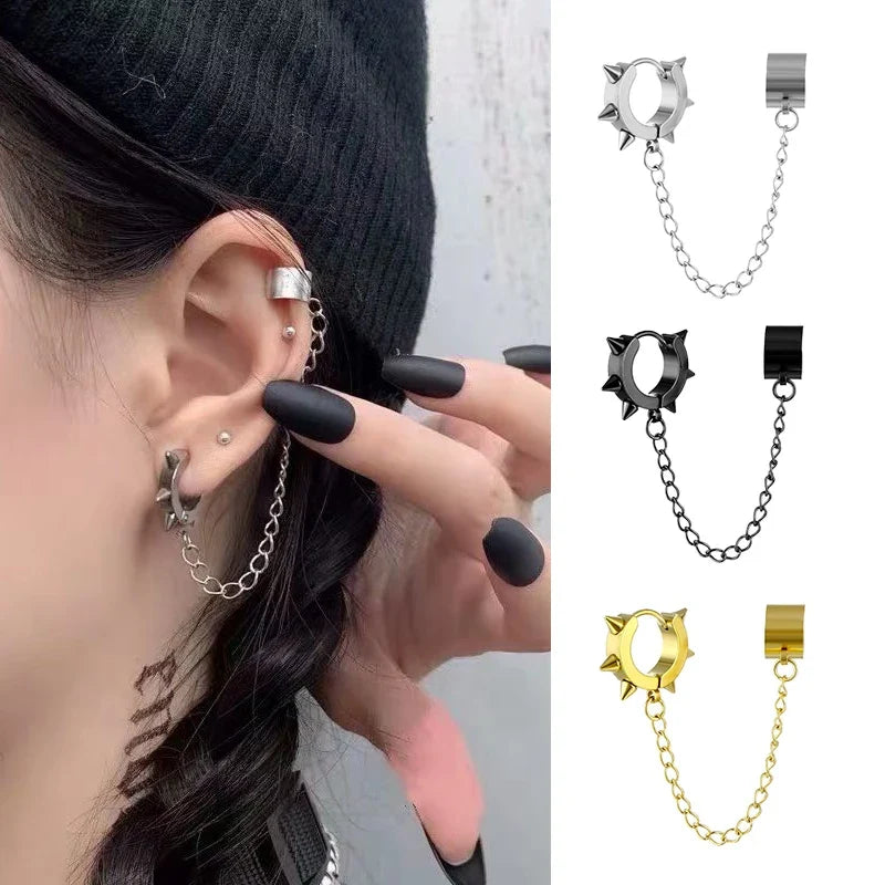 Fashion Punk Cross Pendant Clip Earring | Unisex Metal Chain Tassel Ear Cuff