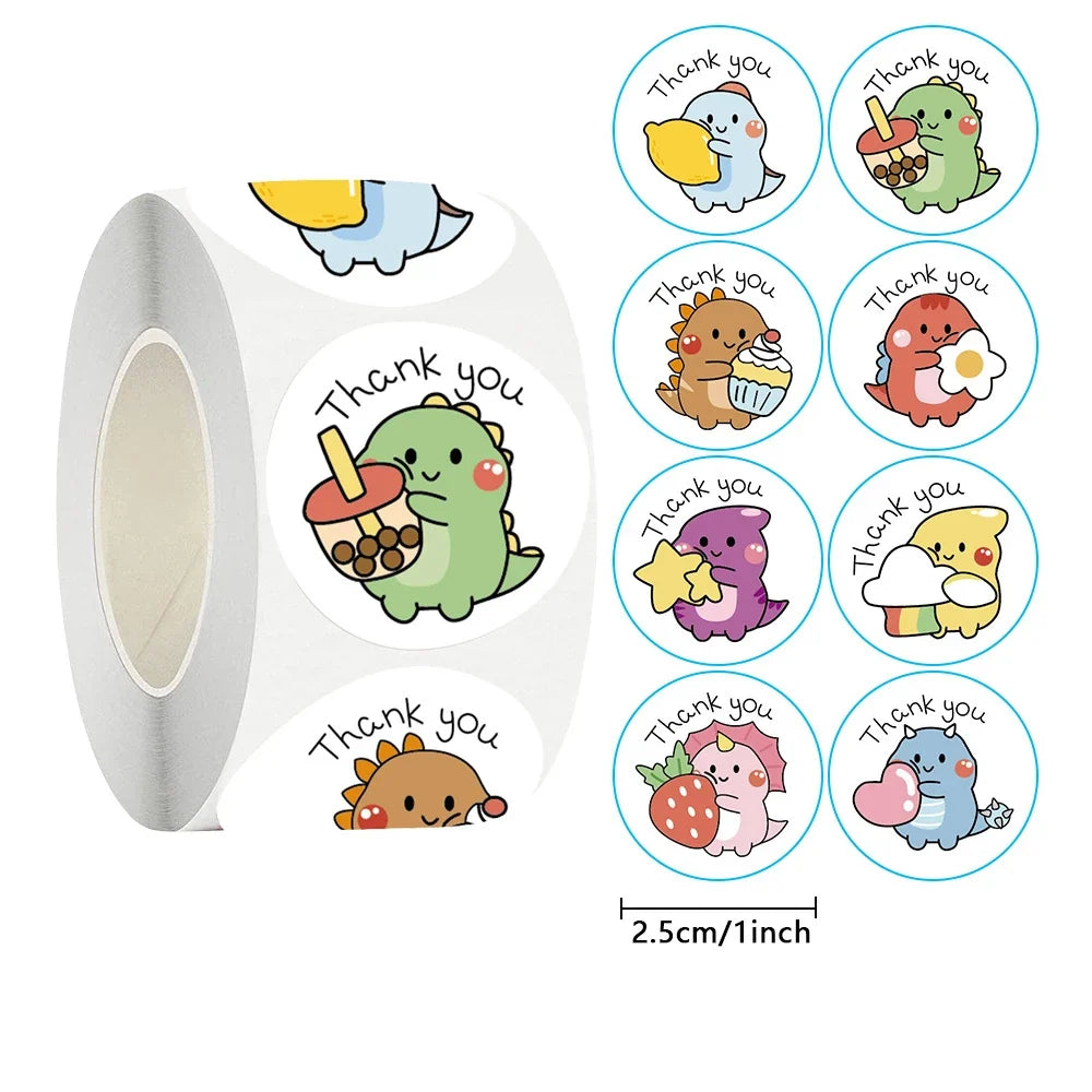 50/100/500pcs Cartoon Dinosaur Thank You Stickers | 1 Inch Round Labels for Packaging, Gifts, and Baking