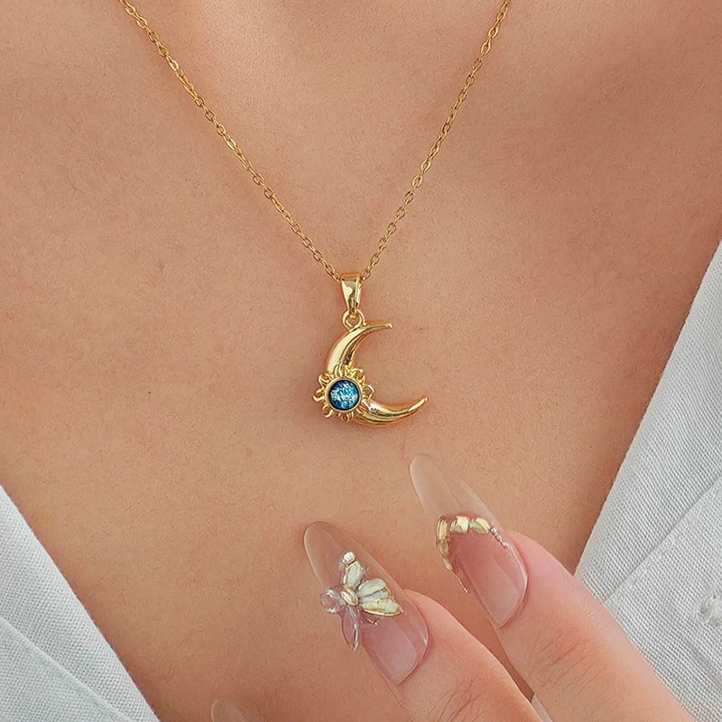 Moon and Sun Zircon Pendant Necklace | 316L Stainless Steel Choker